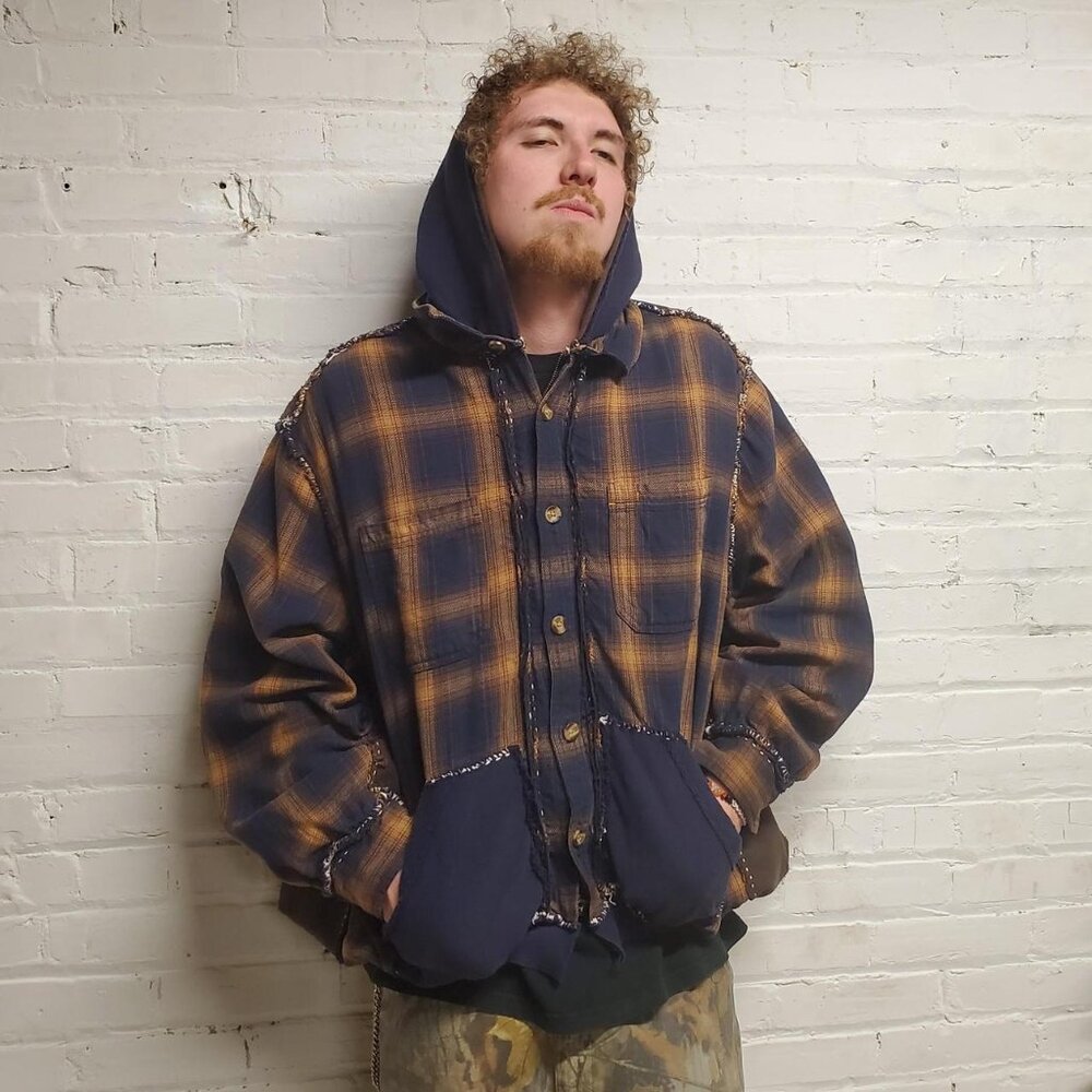 mens custom shashiko sewn  brown and navy blue grunge flannel full zip jacket